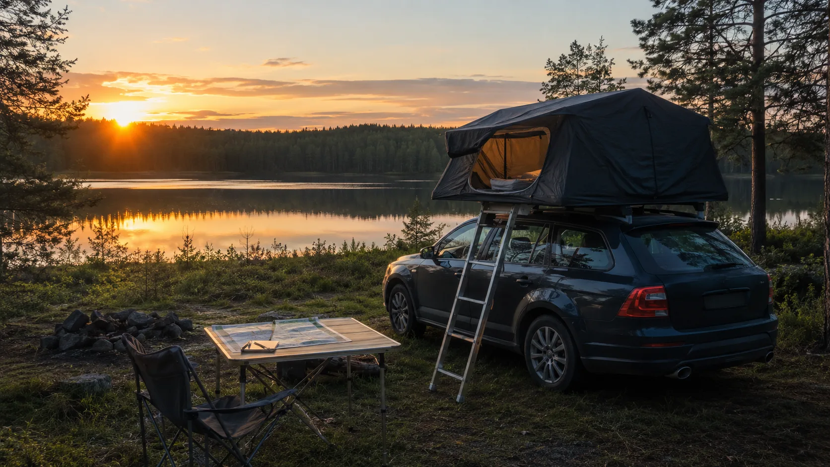 Illustration: Taktält vid första nattplatsen med skog och kvällsljus