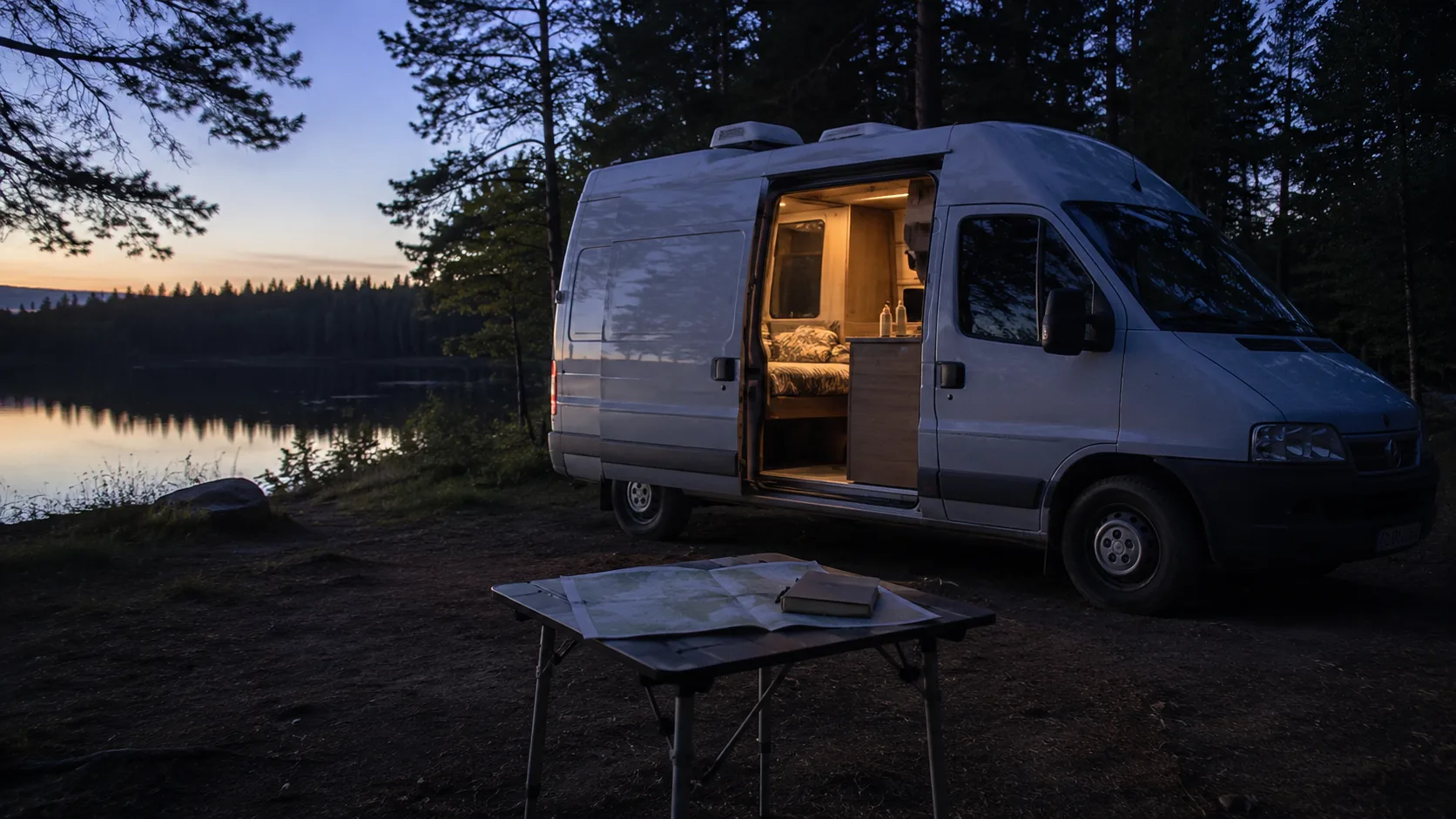 Van vid sjö i kvällsljus under svensk vanlife-tur