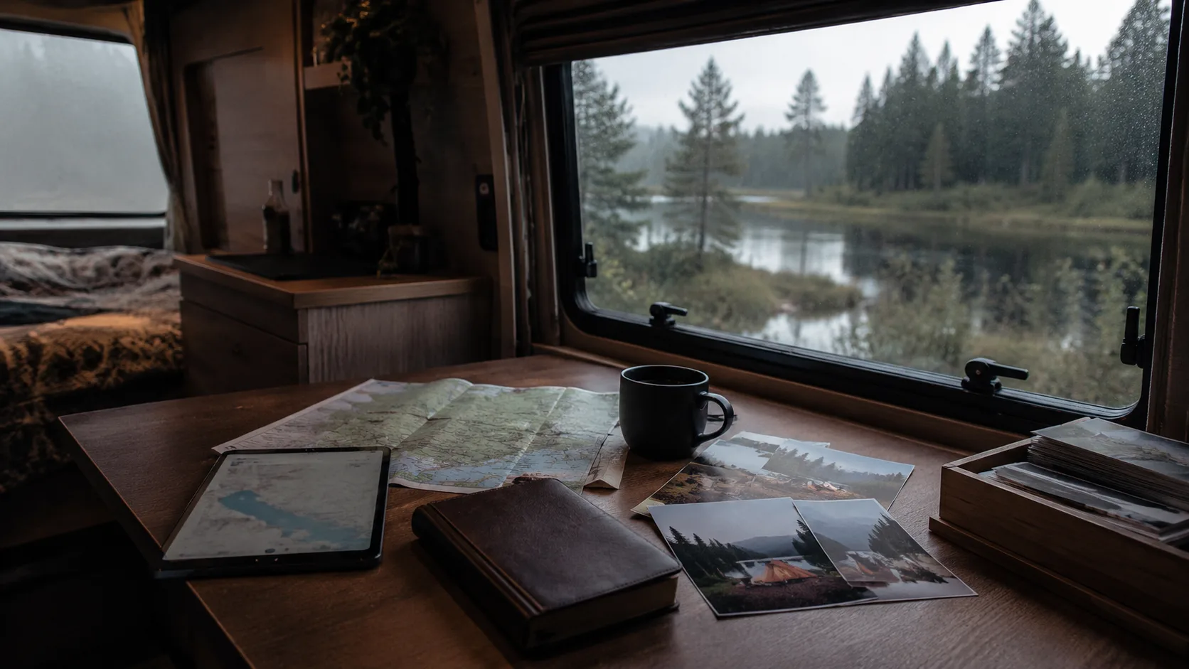 A private vanlife archive with map, photographs, coffee and notebook inside a van