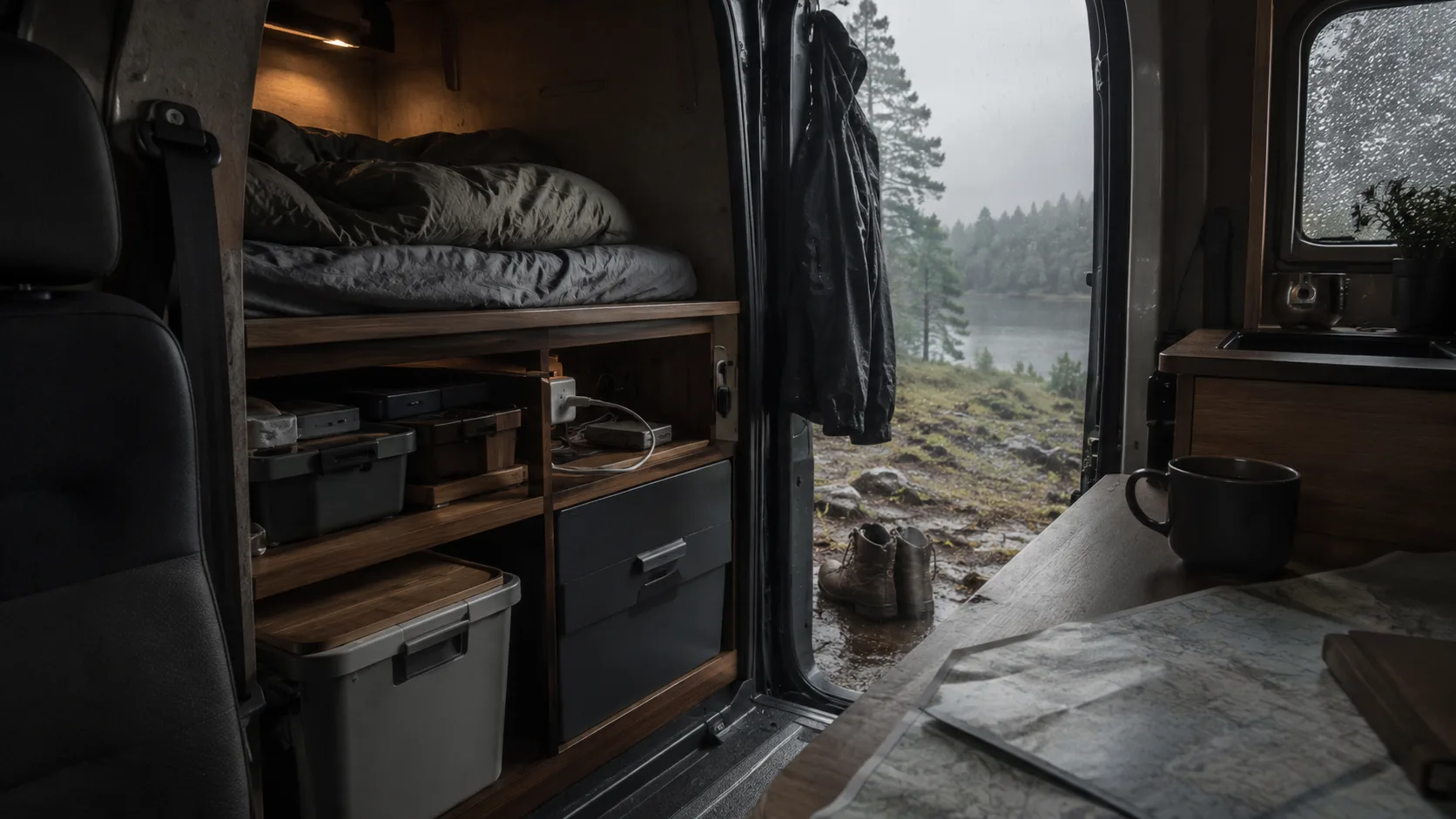A van on a simple gravel bay in forest with a safe, easy departure