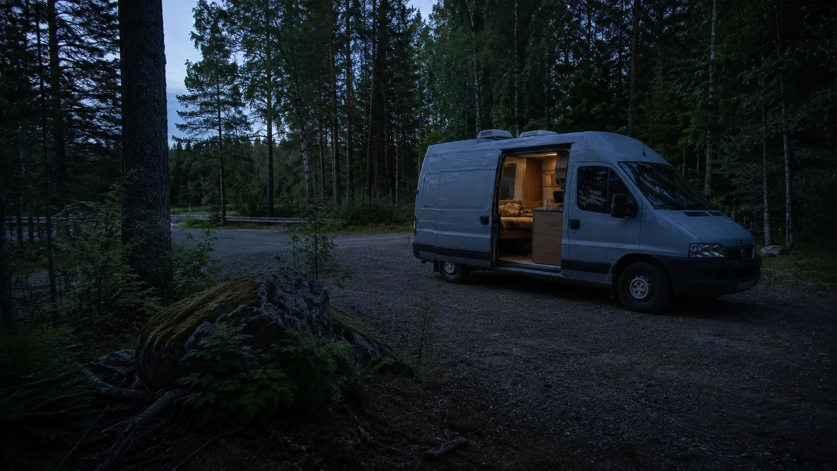 A rainy vanlife morning with storage boxes, map and frequently used equipment