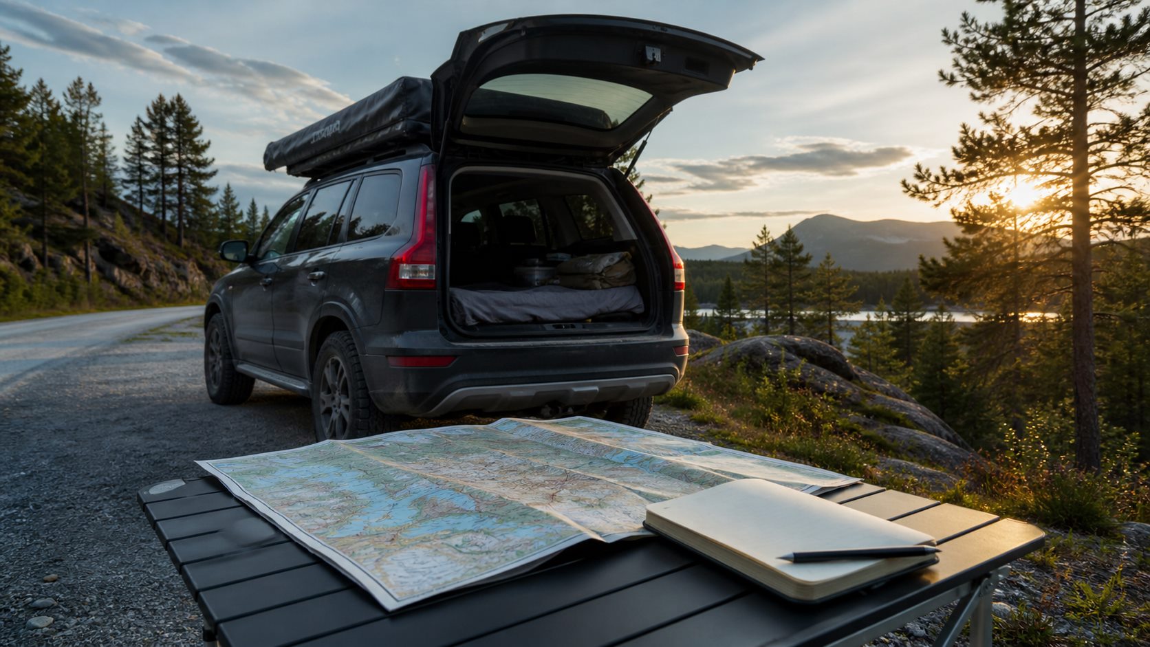 An overlanding vehicle with a map and field notes before a journey