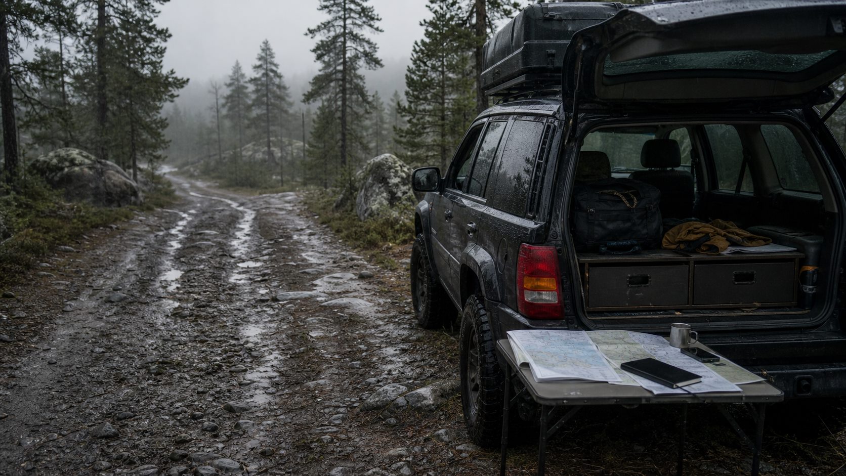 An overlanding route on gravel terrain with saved road lessons