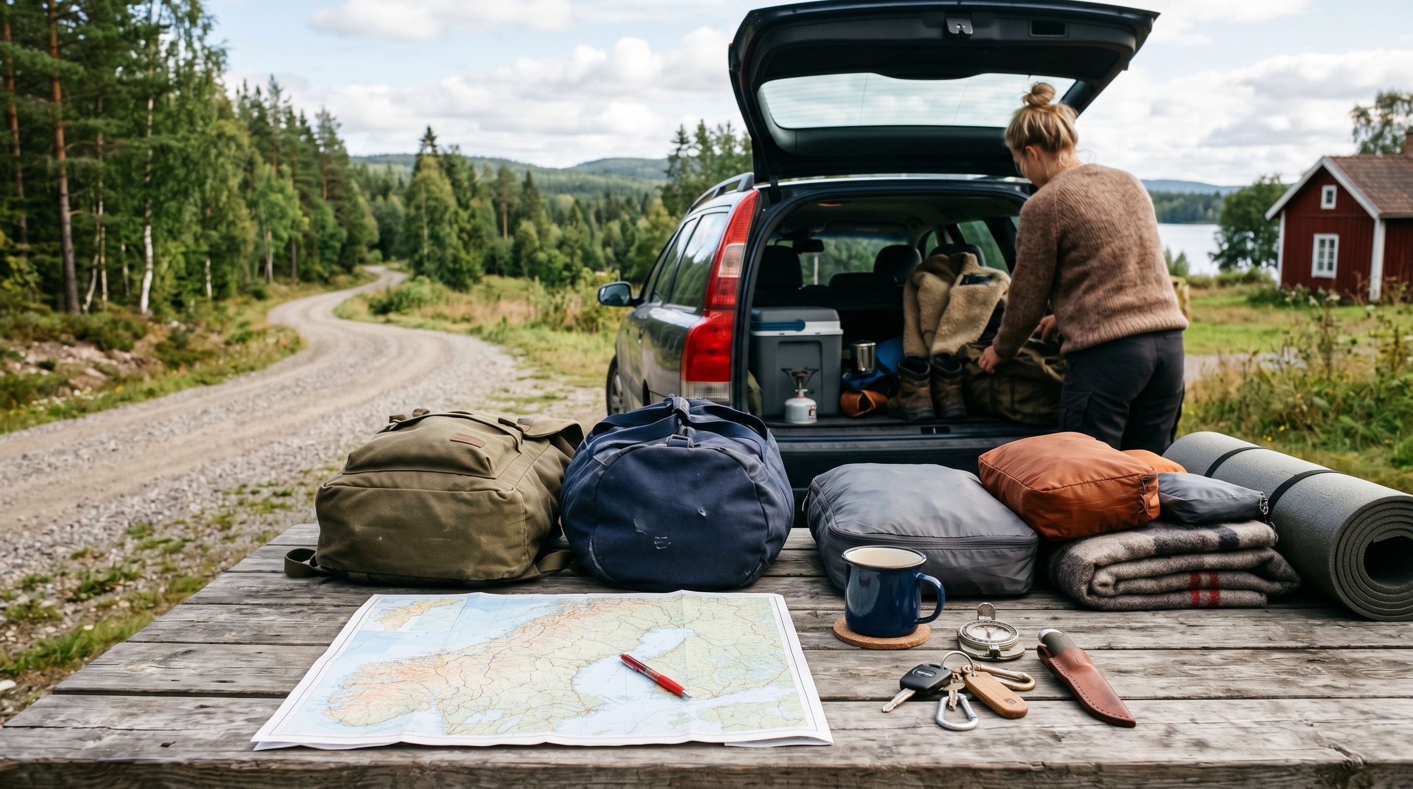 Bags and a map laid out before a journey