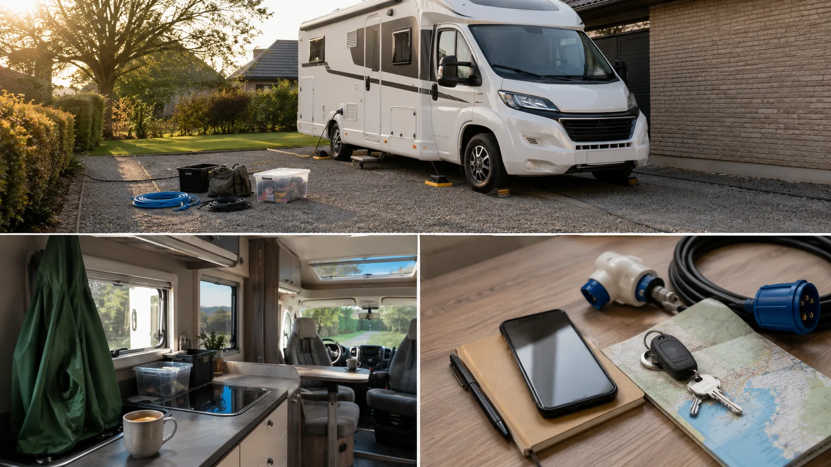 A motorhome on a driveway with water, cable, levelling ramps and luggage