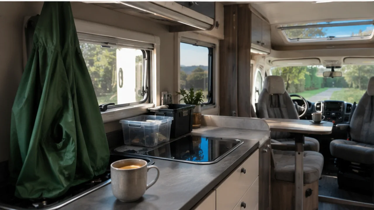 A motorhome interior with luggage, waterproof clothing and coffee