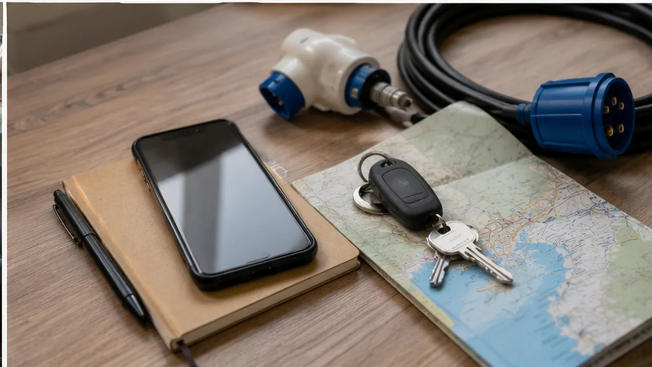 A phone, map, keys and electric adapter before a motorhome trip