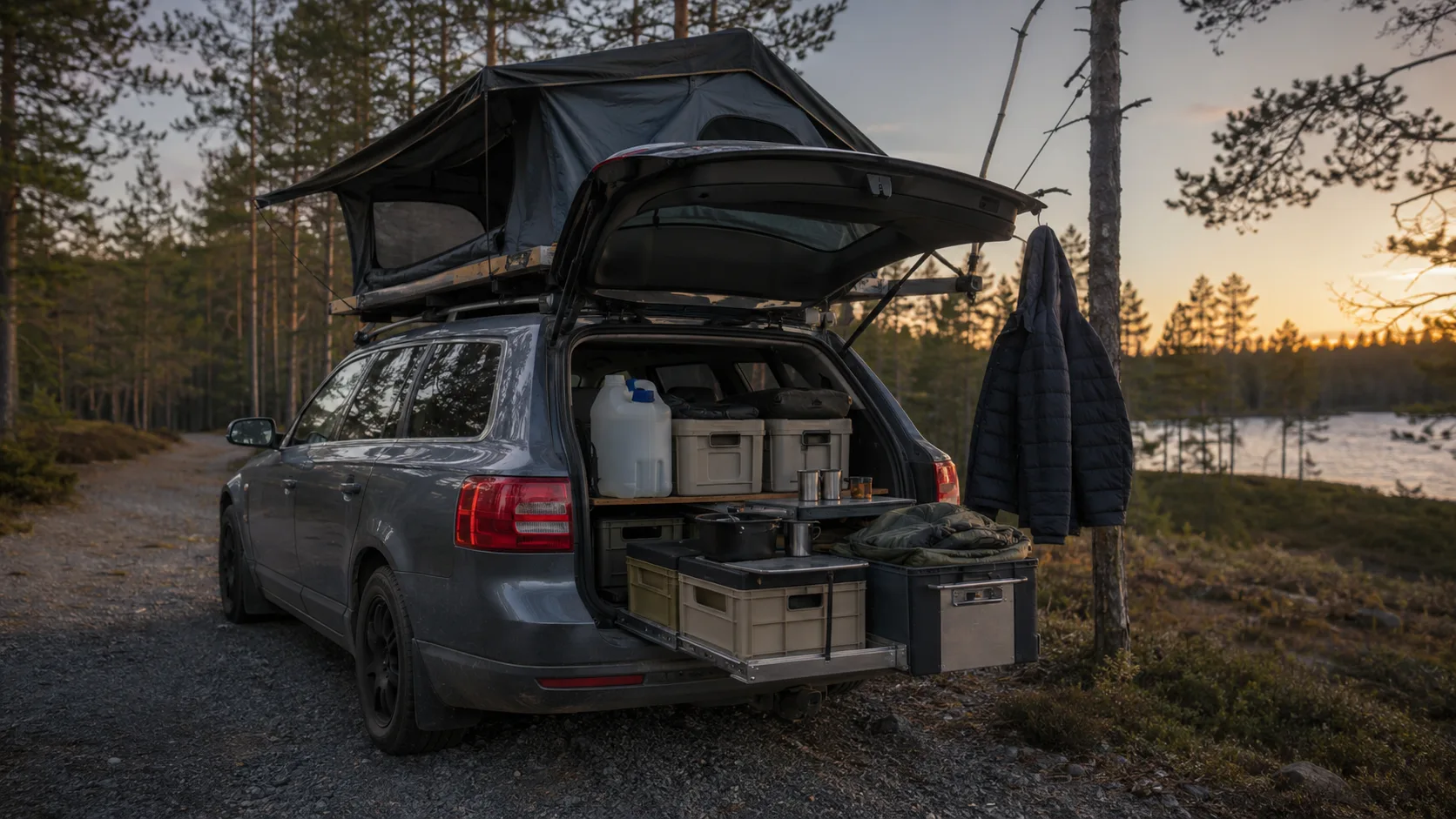Bil med taktält vid skogssjö med ordnad packning i bakluckan