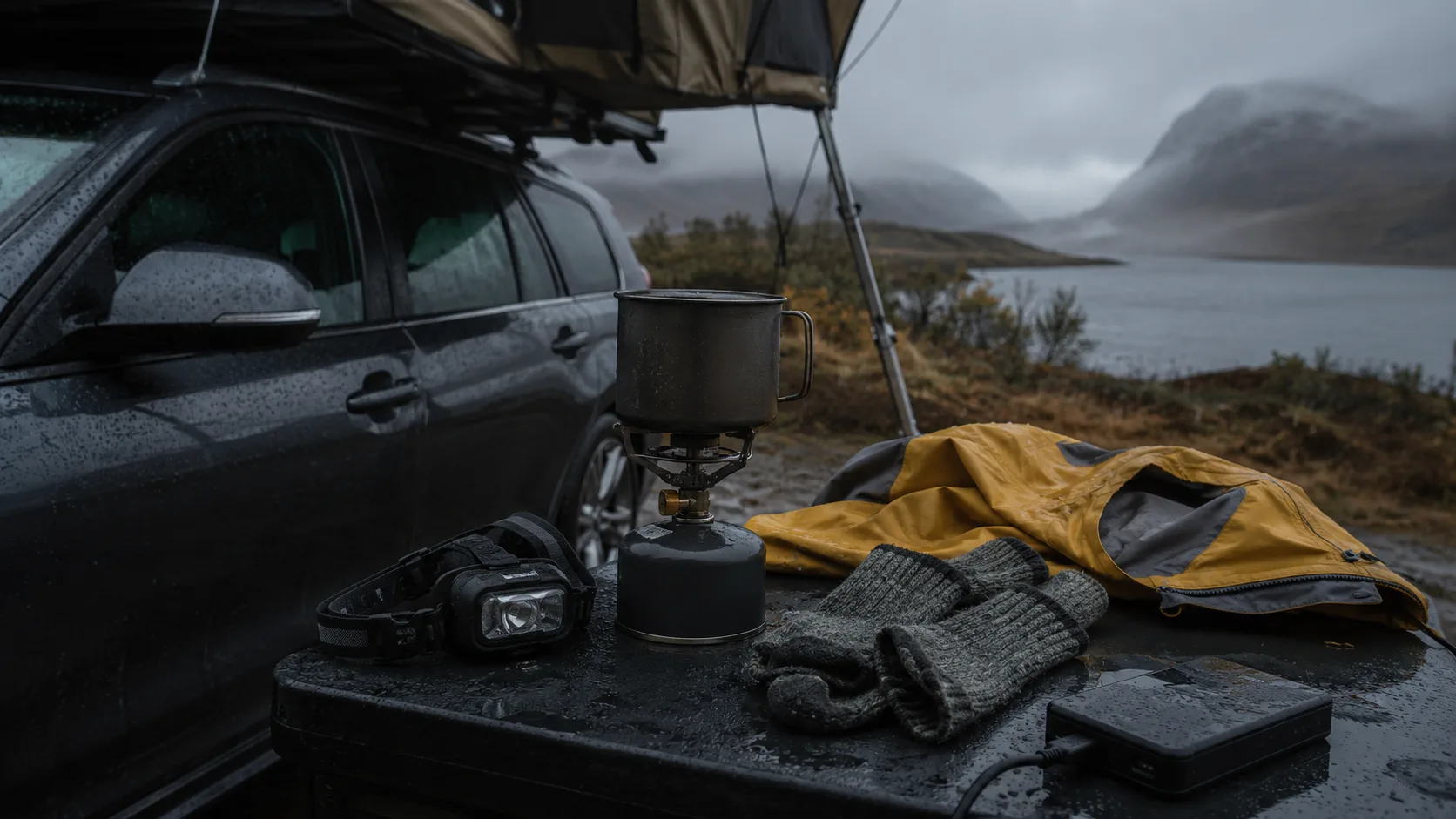 Regnig taktältsmorgon med pannlampa, kaffekök, regnjacka och powerbank nära bilen