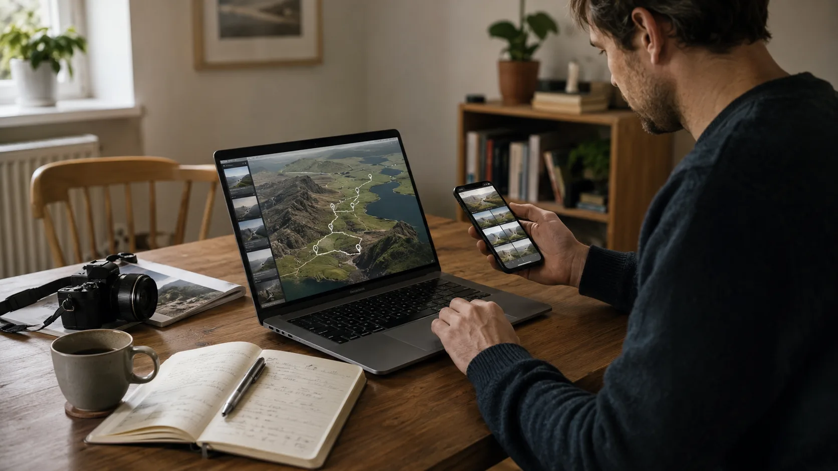 A traveller comparing a three-dimensional route and travel photographs at home