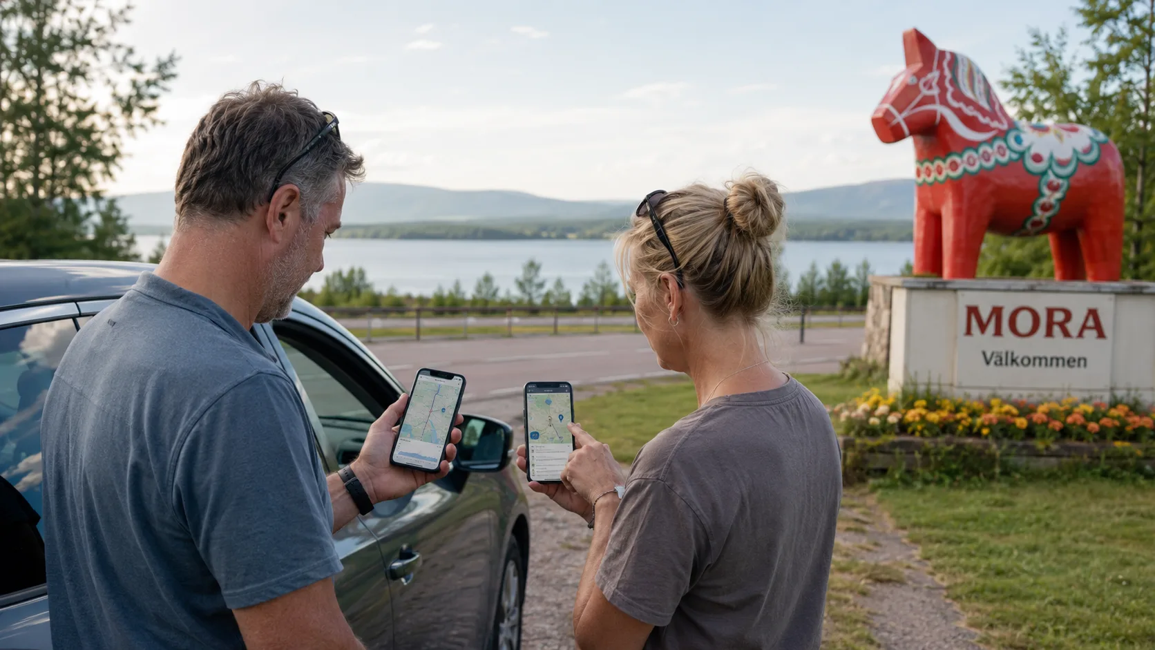 Två resenärer tittar på mobilkartor vid en bil intill en dalahäst och en Mora-skylt