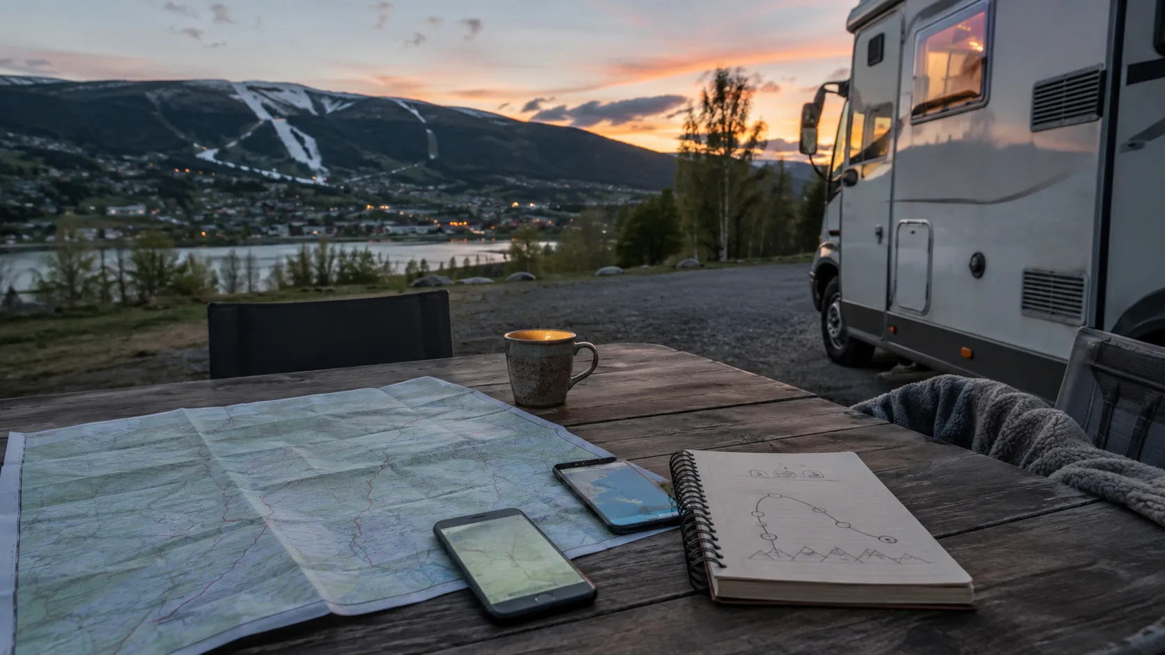 A map, two phones and a notebook on a table beside a campervan in Åre