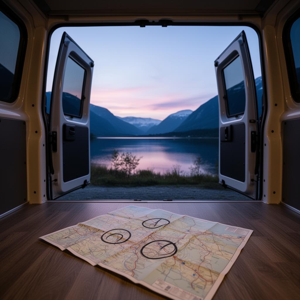 A map with recorded overnight stays and stops from a road trip