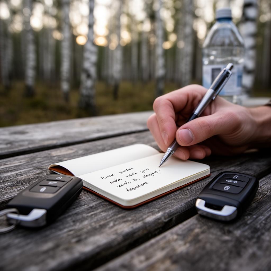 Handwritten travel notes beside a phone during a road trip