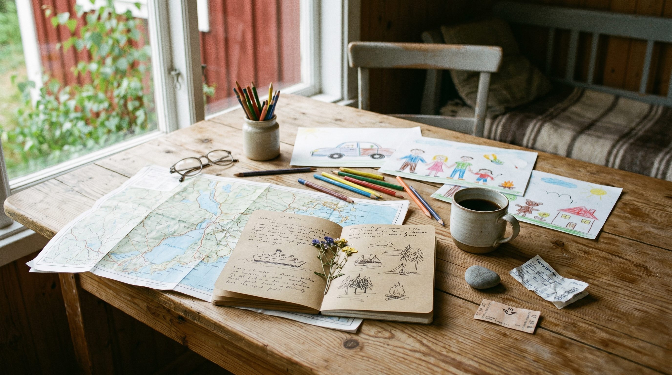 A family travel journal with a map and small memories
