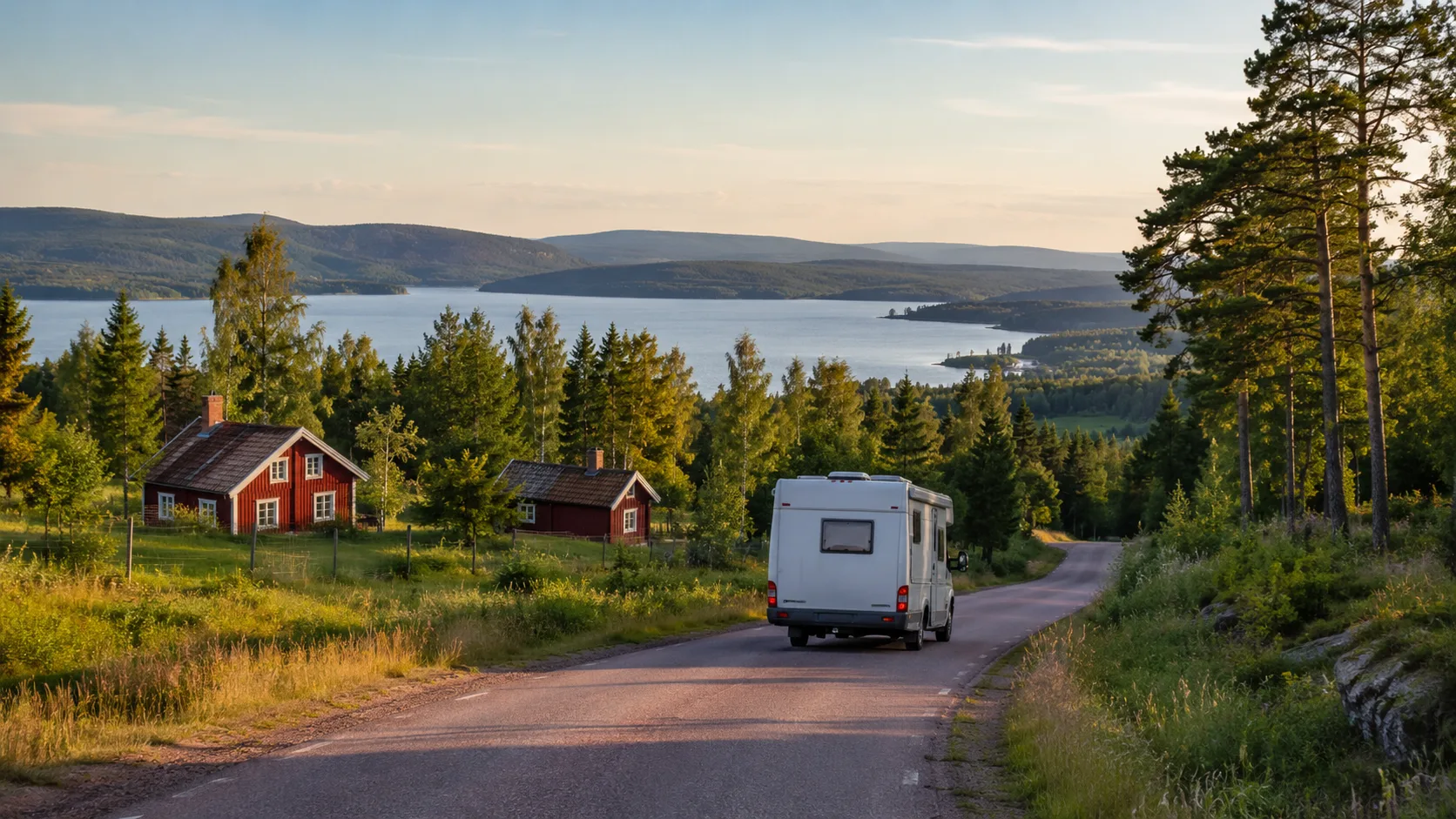 A motorhome on a road beside Lake Siljan with red cottages and forest in evening light