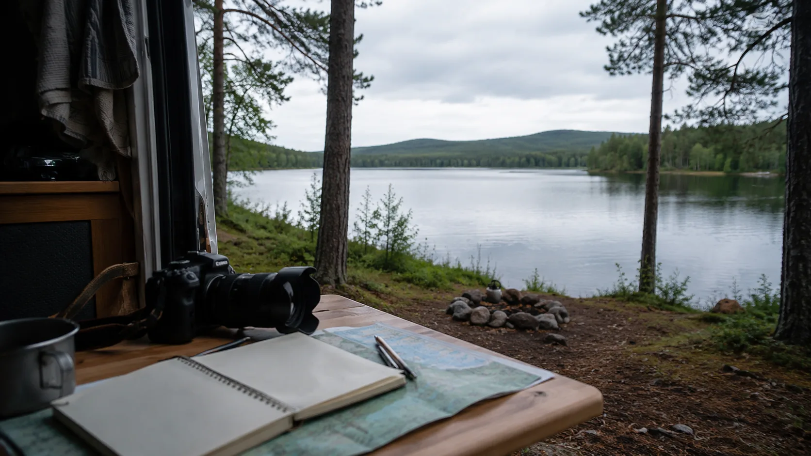A notebook, camera and map beside a van overlooking a Dalarna lake