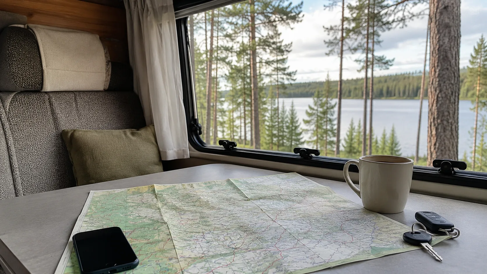 A Dalarna map, phone, coffee and car keys inside a motorhome beside a lake