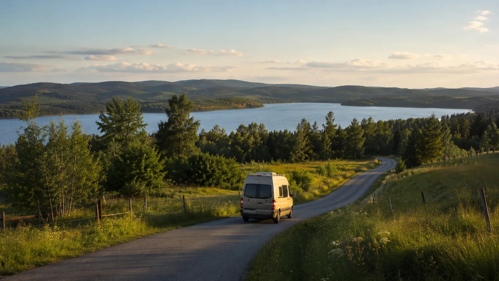 A campervan on a minor Hälsingland road beside lake and forest in evening light