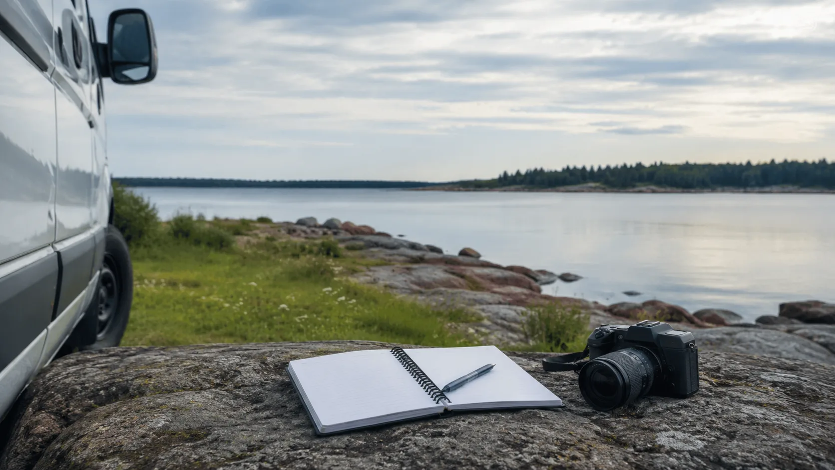 A van on the Hälsingland coast with a notebook and camera on the rocks