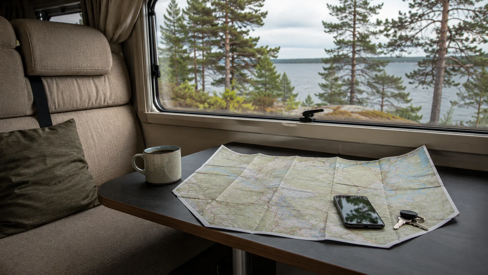 A map, phone, coffee and car keys while planning a Hälsingland route