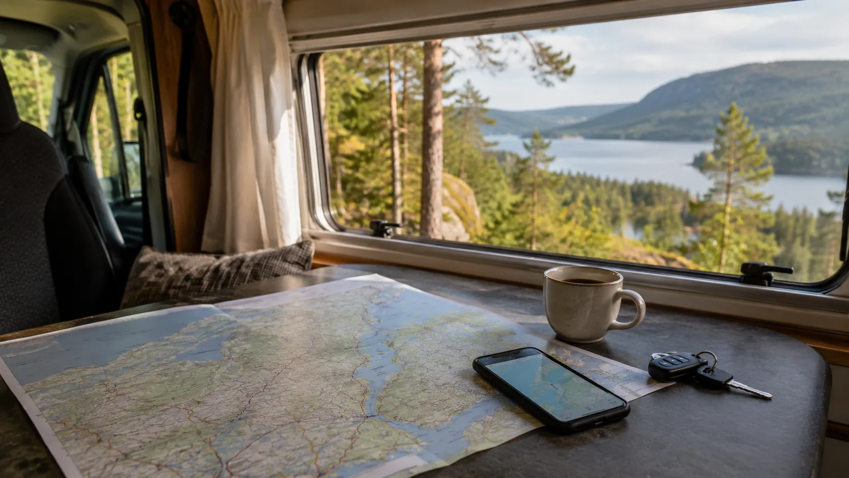 A map, phone, coffee and car keys while planning a High Coast road trip