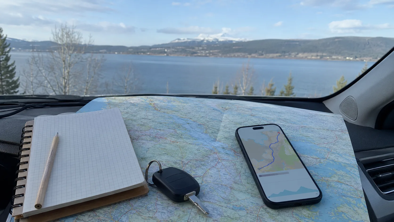 A road map, notebook, car key and phone while planning Jämtland