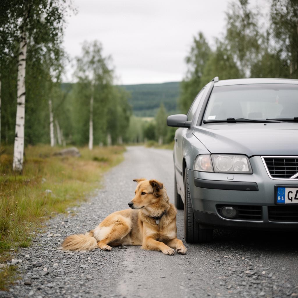 Hund vid bil under roadtrip