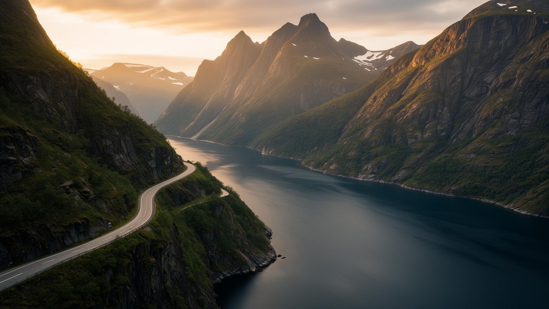 A narrow Norwegian fjord road winding beside deep water in warm evening light