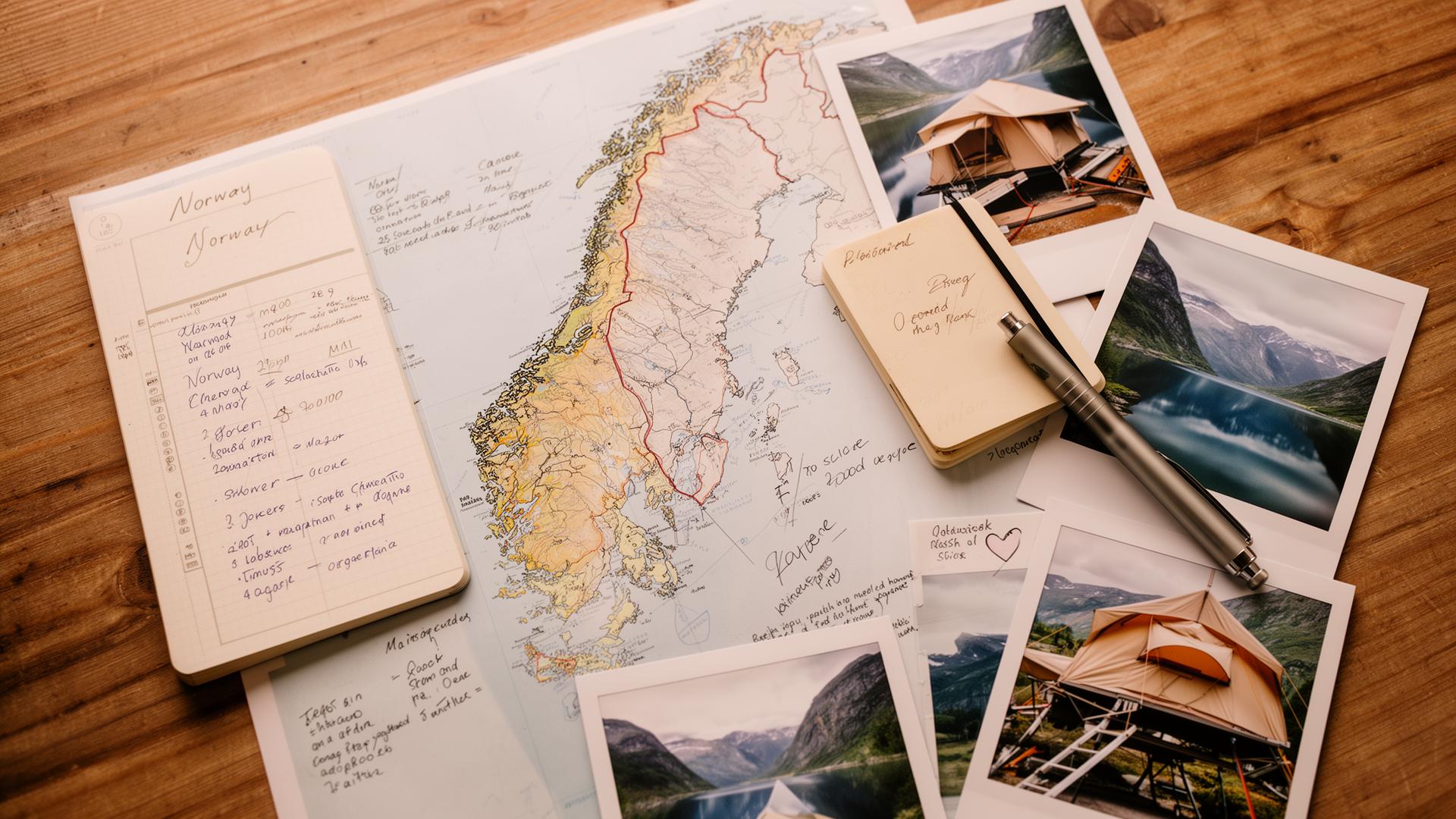 A map of Norway with handwritten notes, photographs and a planning pad