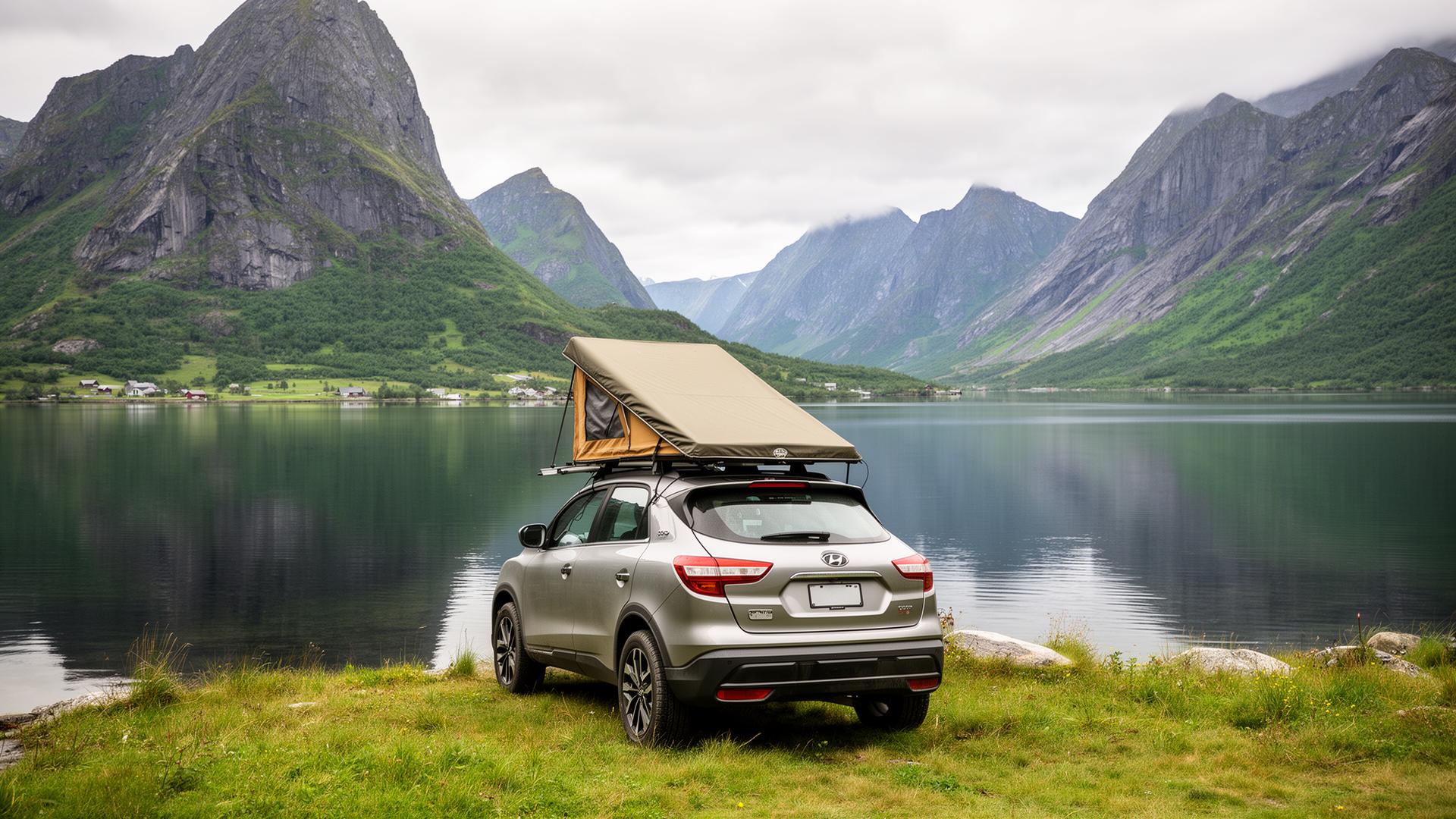 A rooftop-tent car beside a calm Norwegian fjord beneath steep mountains
