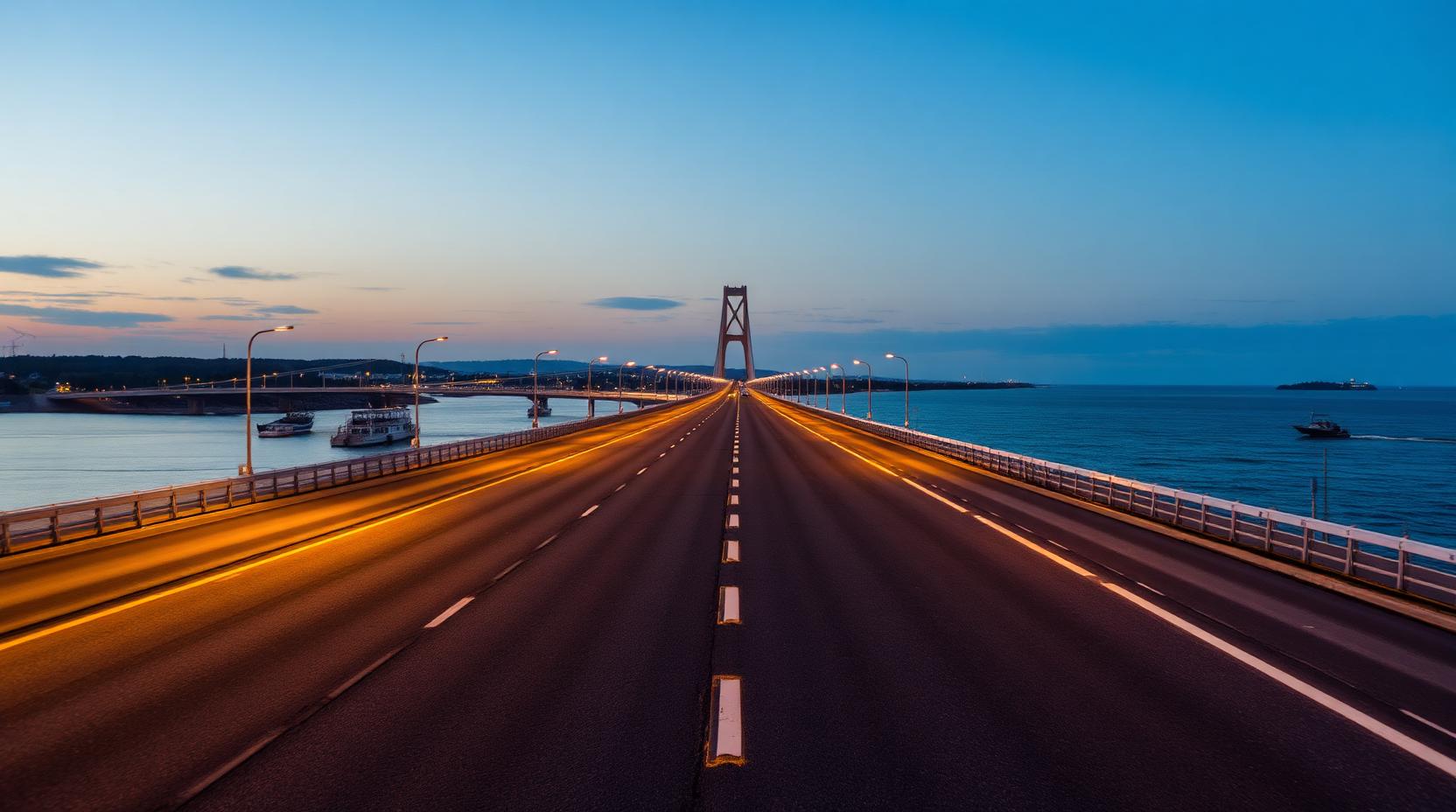 Öland Bridge crossing Kalmar Strait towards the island in soft evening light