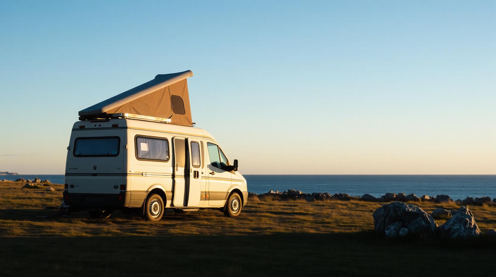 A motorhome with rooftop tent near the Öland coast in evening light