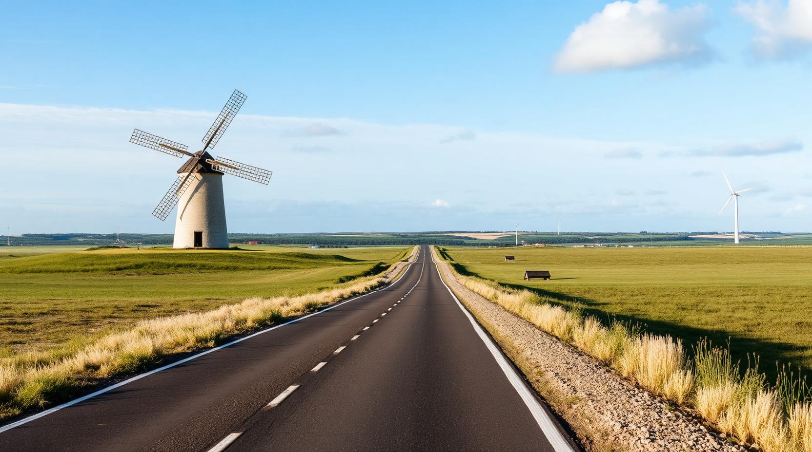 A straight Öland road across open land with a windmill in the distance