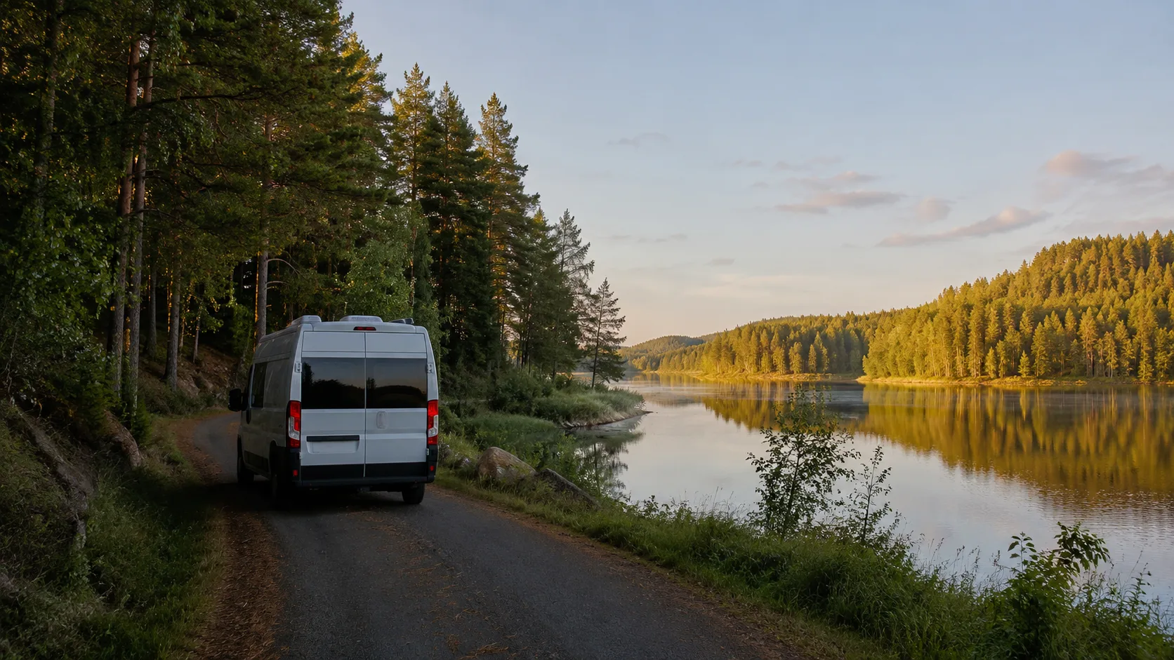 A van on a narrow road beside a Värmland forest lake in evening light