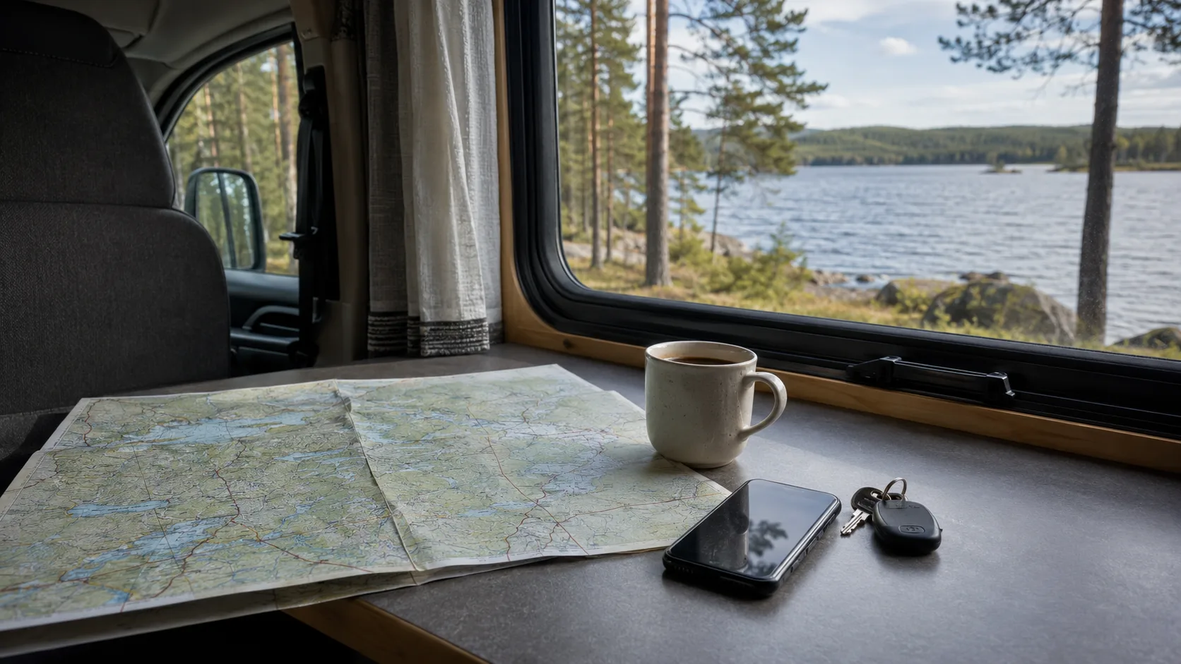 A map, phone, coffee and car keys inside a van beside a Värmland lake