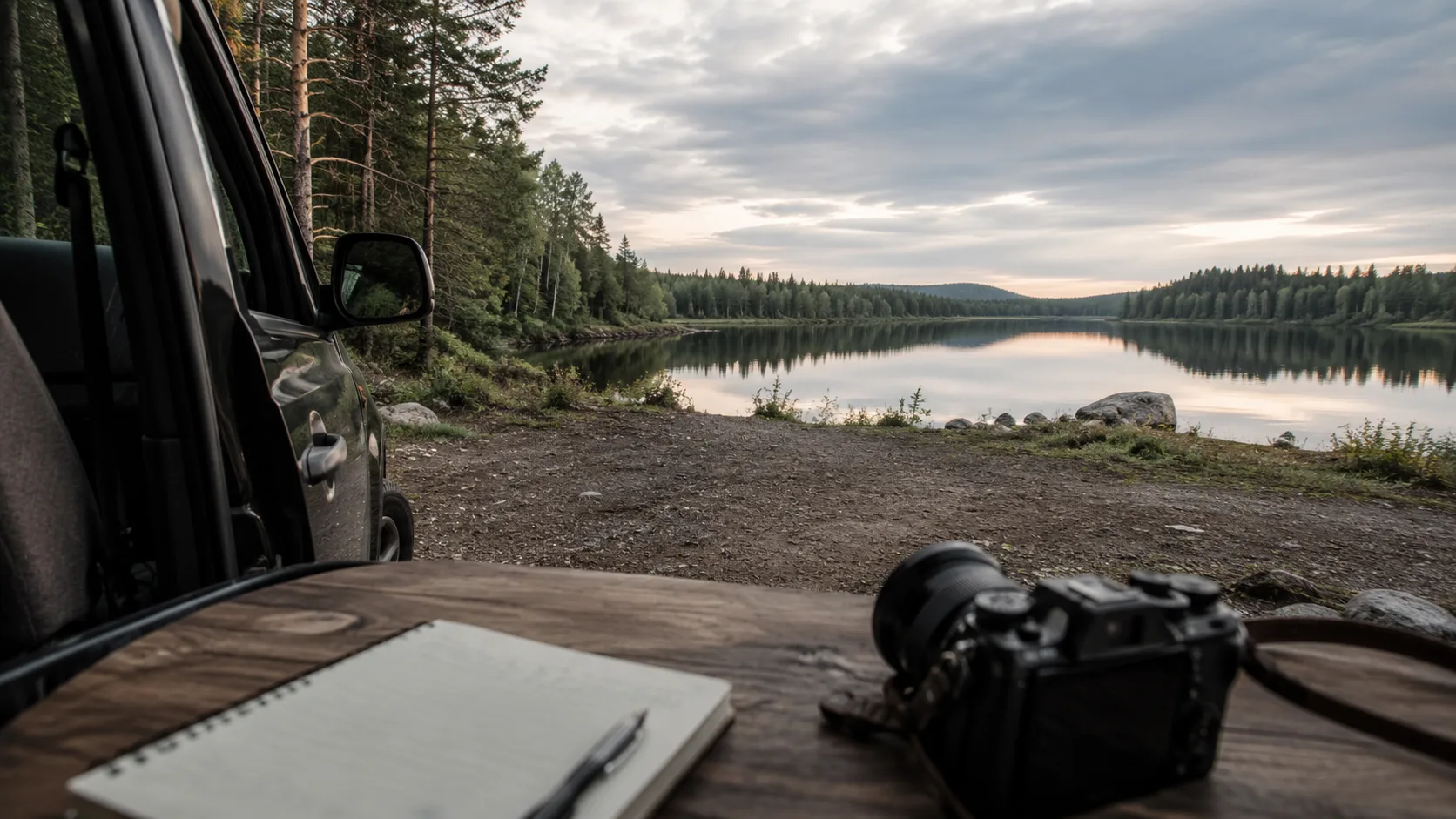 A notebook and camera beside a van overlooking a Värmland forest lake