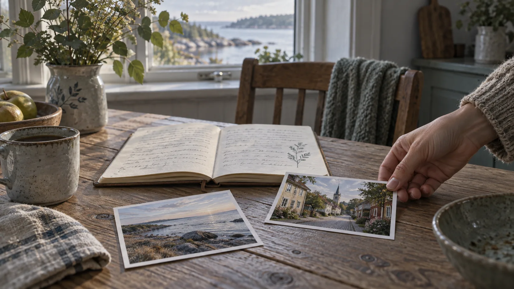 Illustration: a hand placing a travel photograph beside an open notebook on a kitchen table