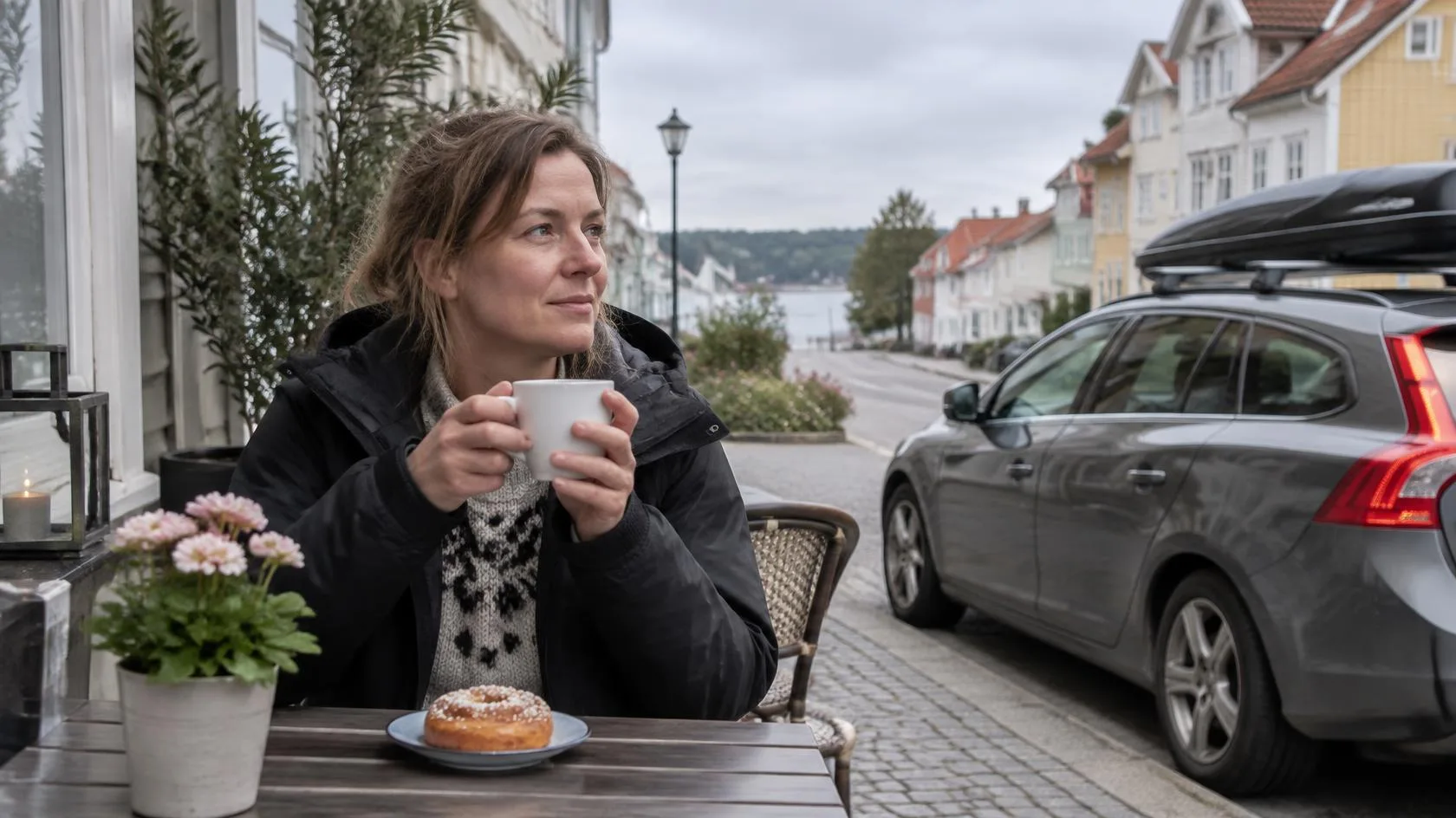 En ensam resenär tar en kaffepaus vid bilen under en roadtrip genom Sverige