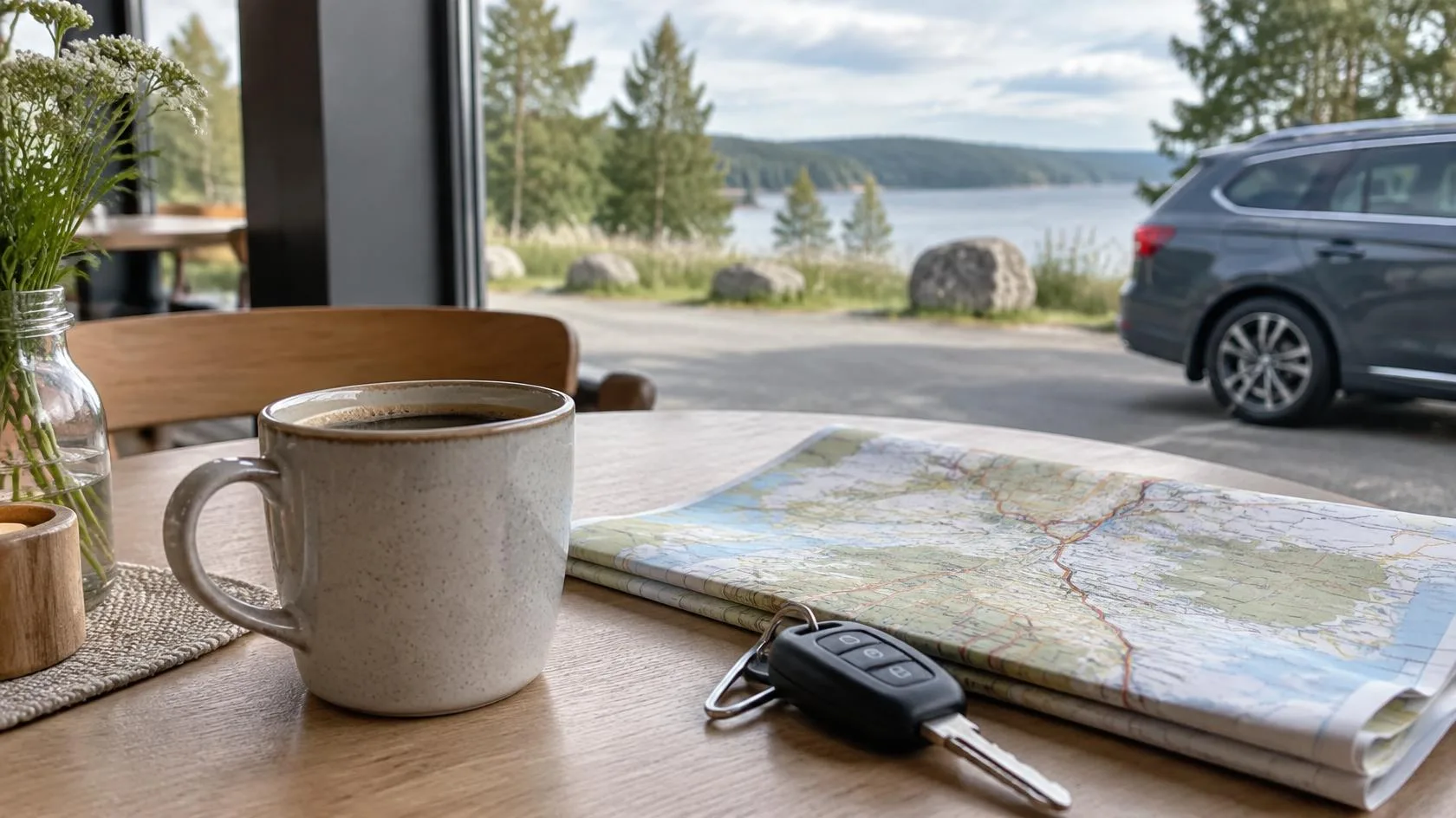A coffee cup, road map and car key on a table during a roadside break