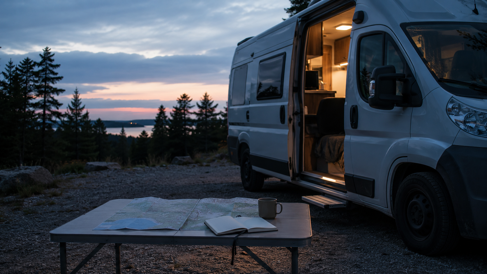 A motorhome, map and notes at an evening stopover