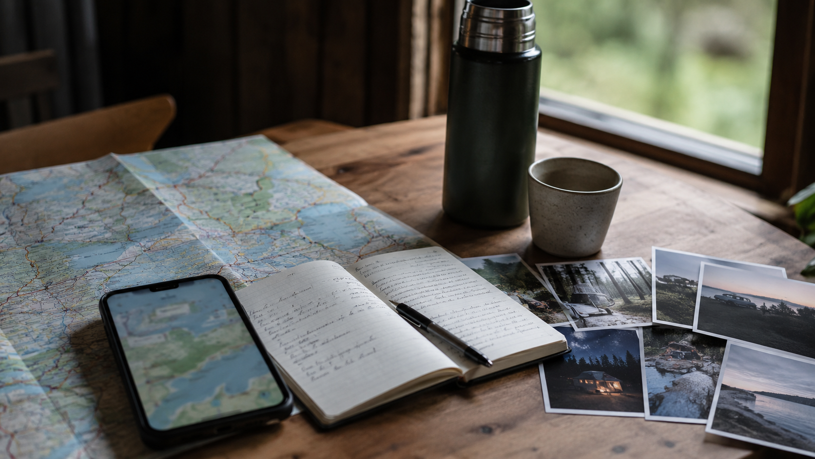A map, phone and notes used to retain private motorhome stopovers