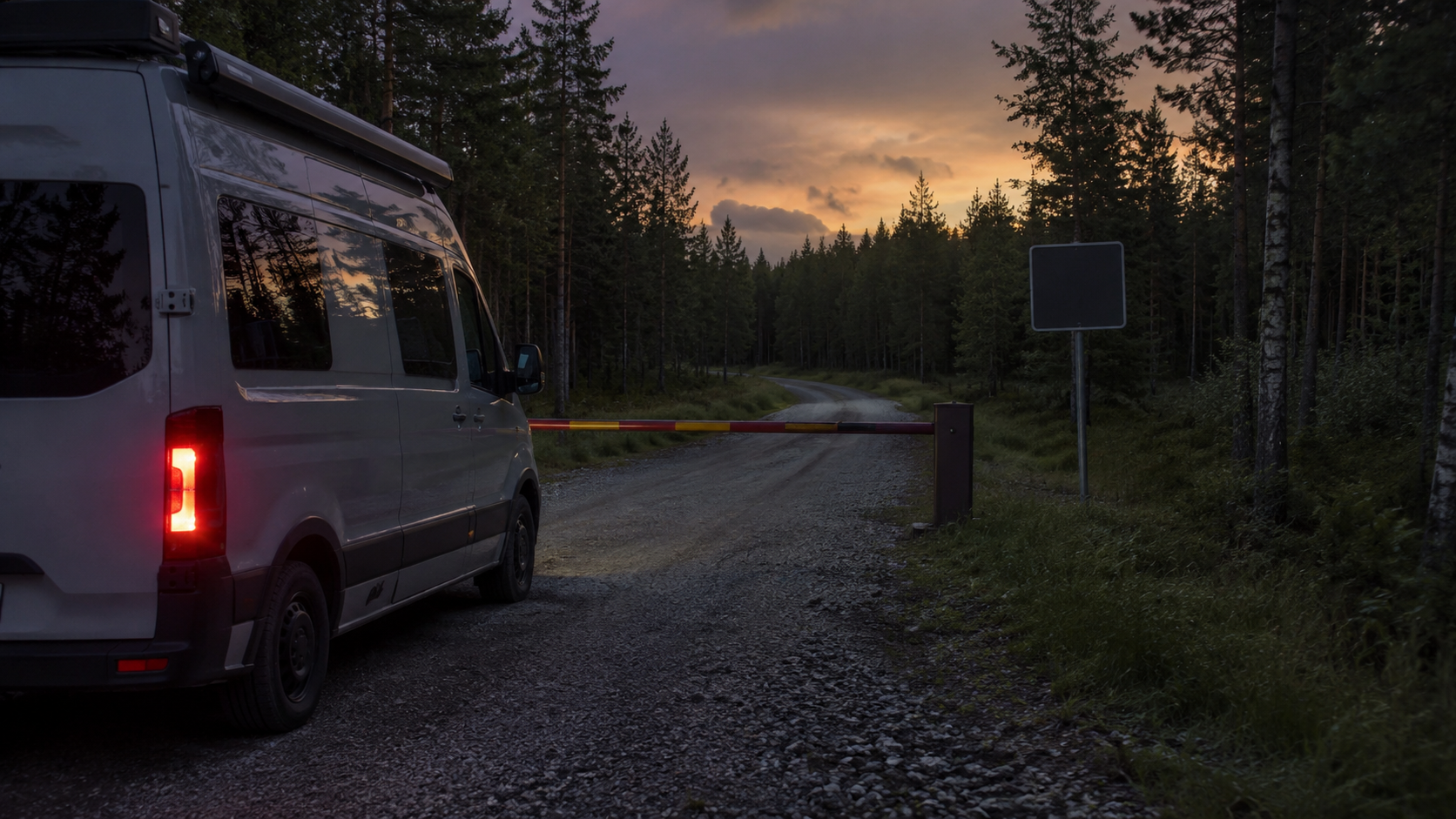 A van beside local signs on a gravel road where current rules need checking