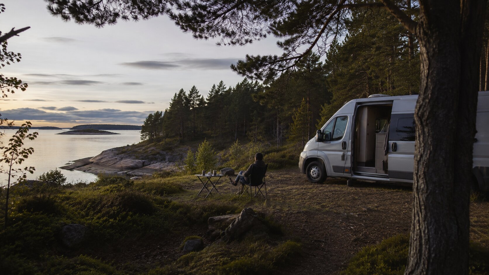 A campervan beside a fjord with a chair and table at dusk