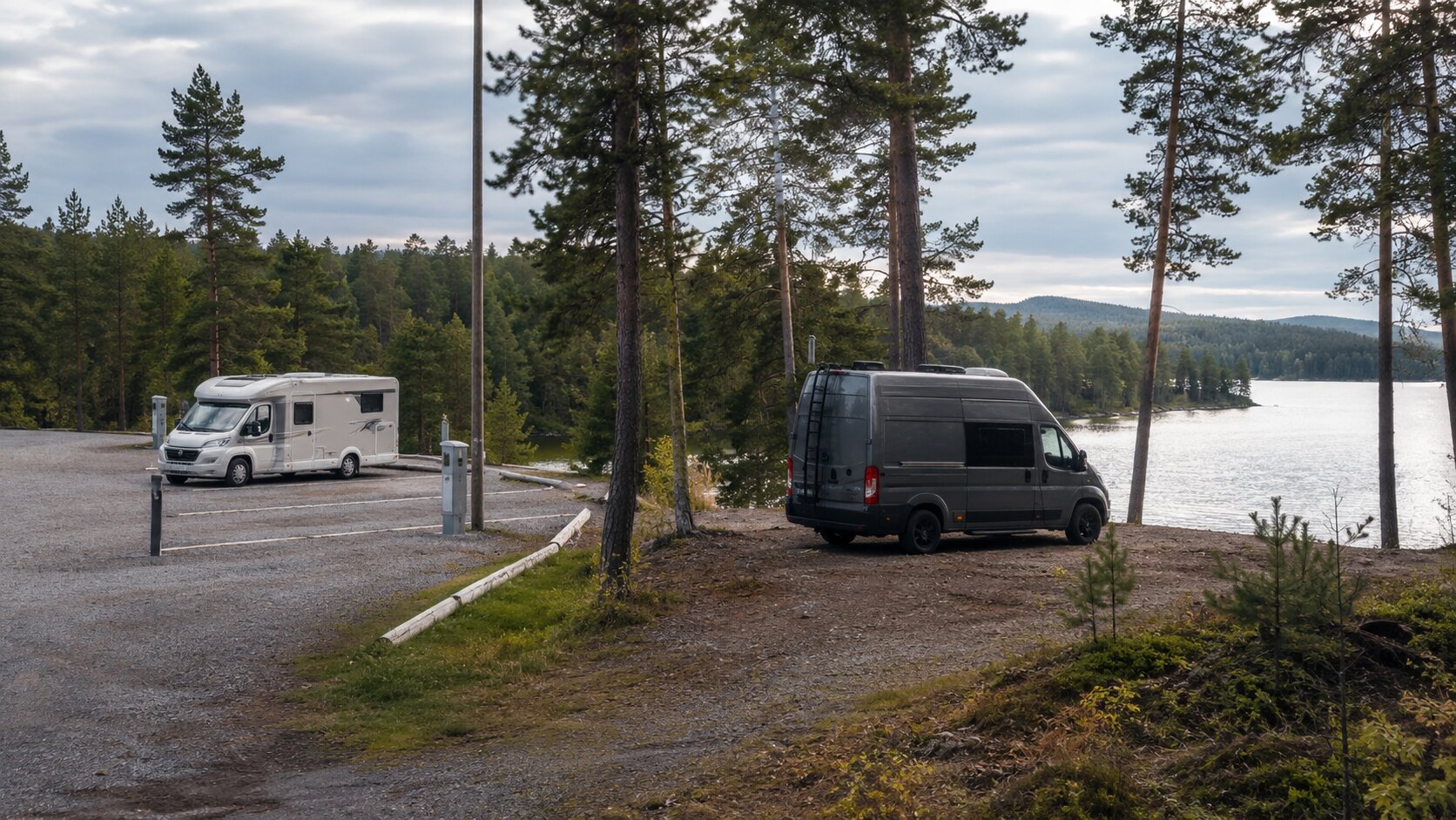 A motorhome stopover and a campervan beside a lake shown side by side