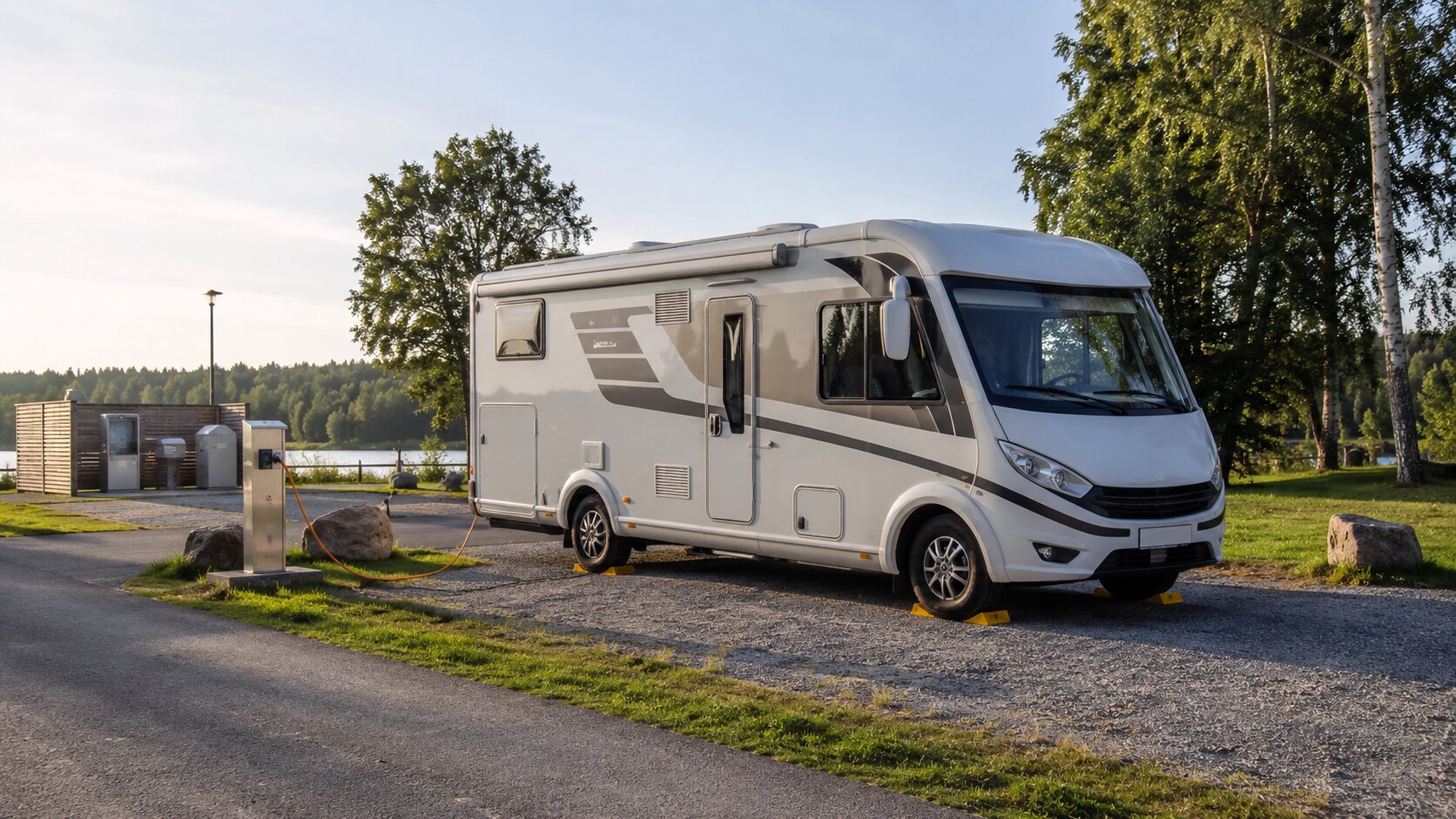 A motorhome connected to electricity at a Swedish lakeside stopover
