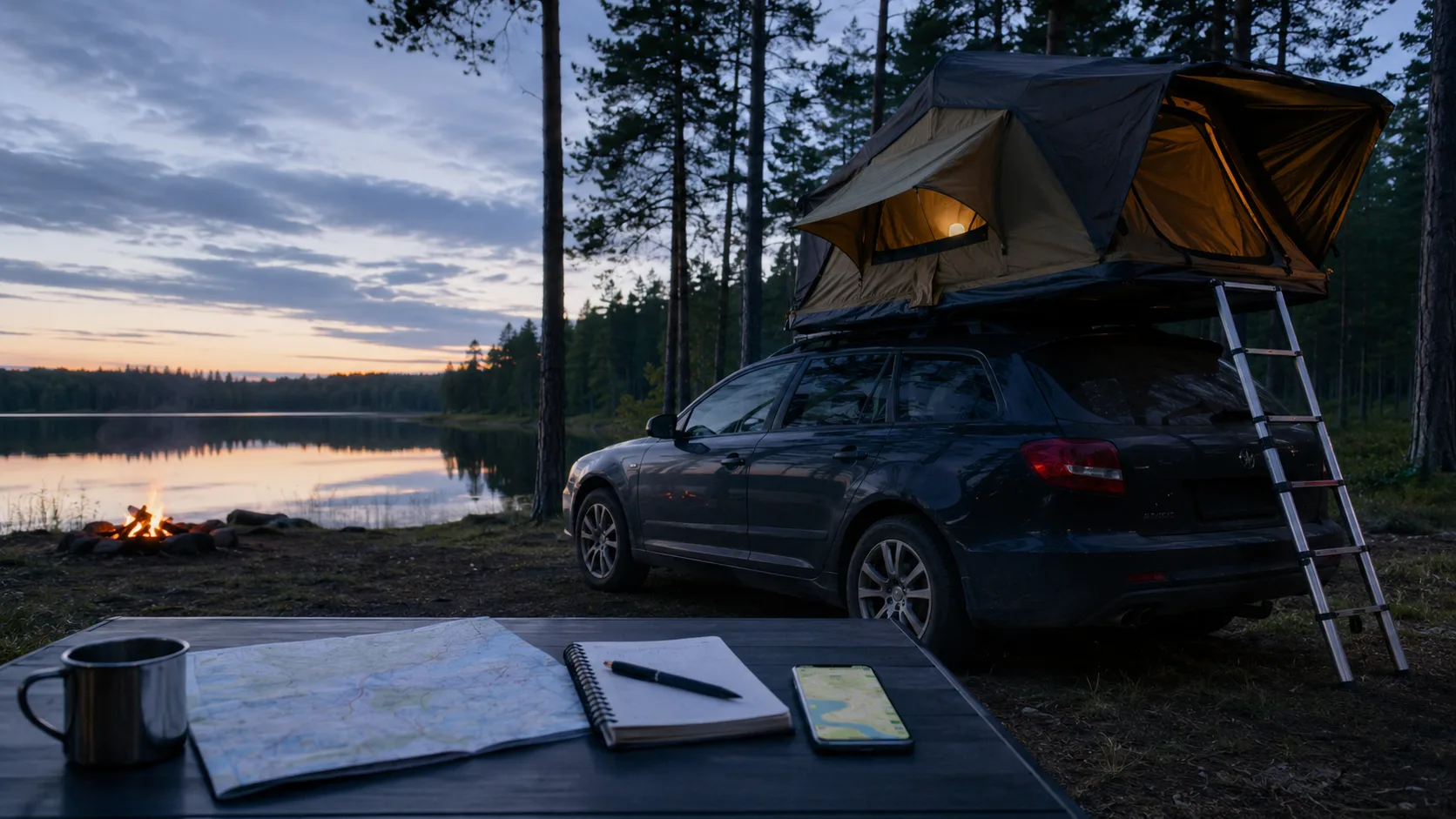 A rooftop tent beside a forest lake with a map and notes from saved nights