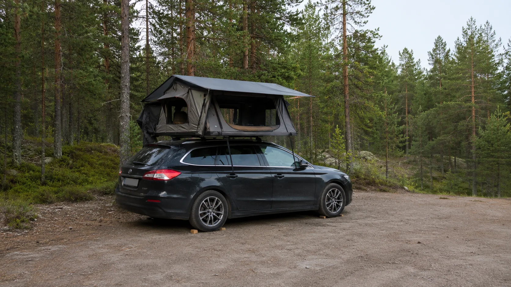 A rooftop-tent car on level sheltered forest ground