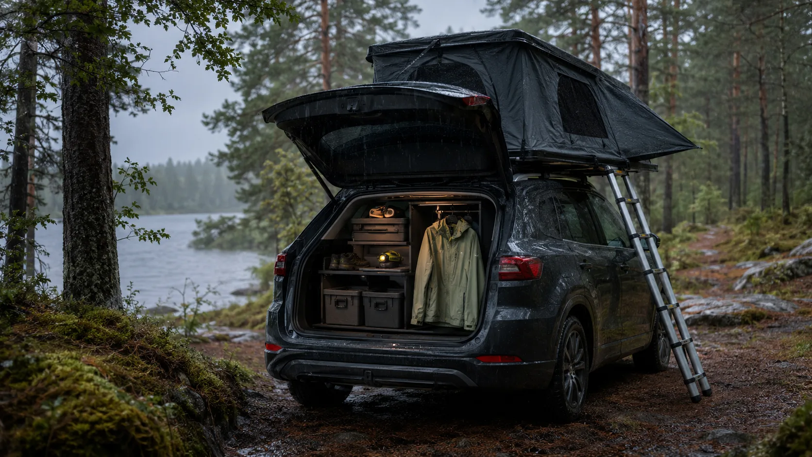 A rainy rooftop-tent morning with accessible packing