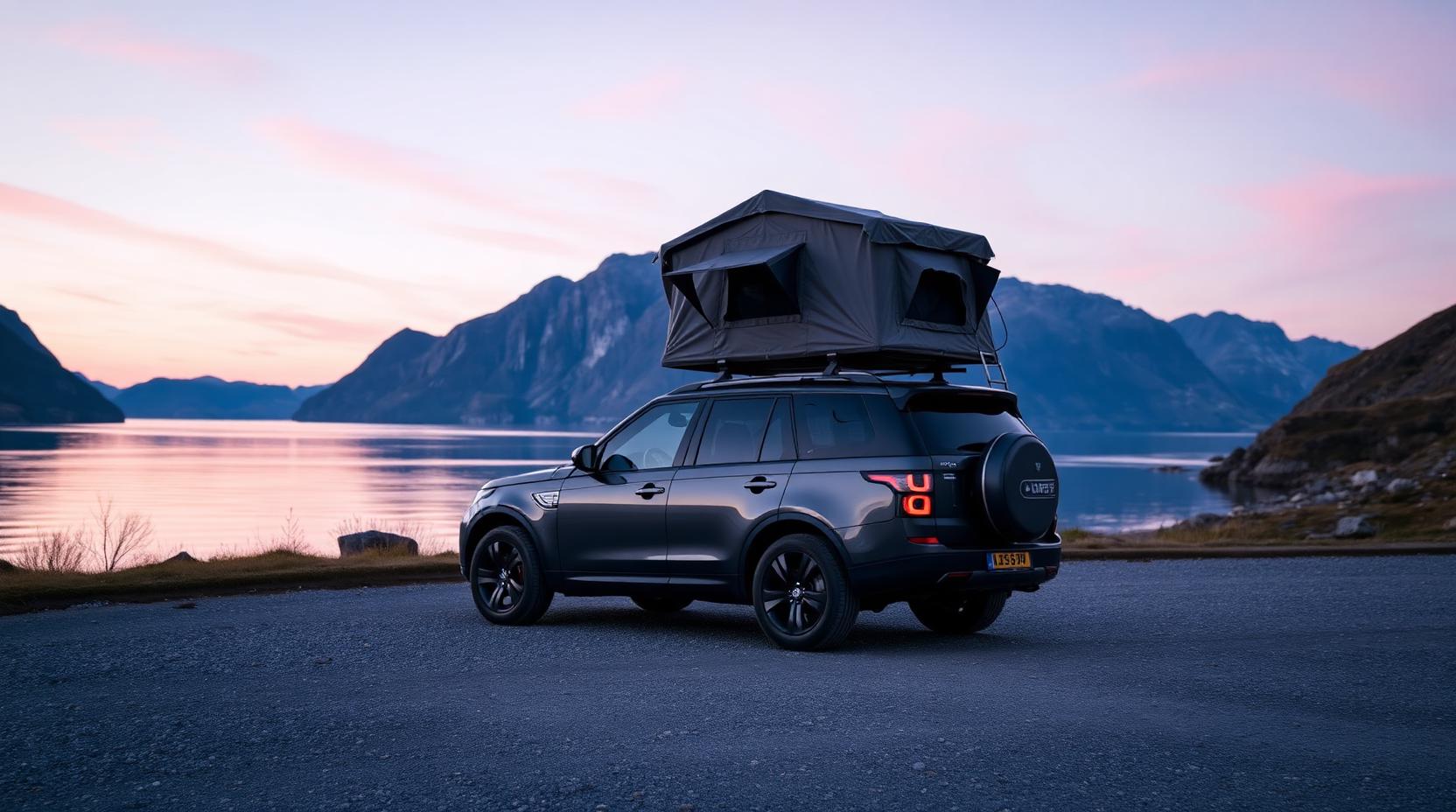 An SUV with an open rooftop tent beside a quiet Norwegian fjord